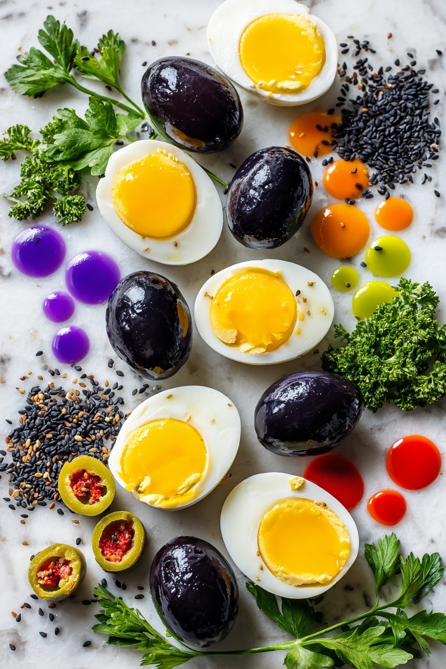 Halloween Deviled Eggs, Spooky Food Ideas, Colorful Halloween Recipes, Creative Halloween Appetizers, Festive Party Foods - Flat lay of halved hard boiled eggs with smooth, glossy whites and vibrant yellow yolks, whole black olives with shiny deep black skins, sliced pimento-stuffed green olives showing bright red centers, fresh curly parsley with rich green, textured leaves, small piles of glossy black sesame seeds, and drops of purple, orange, and green food coloring in vibrant jewel tones, all naturally arranged in an inviting, colorful pattern, placed on white marbled surface, photo taken with an iphone --ar 2:3 --v 7
