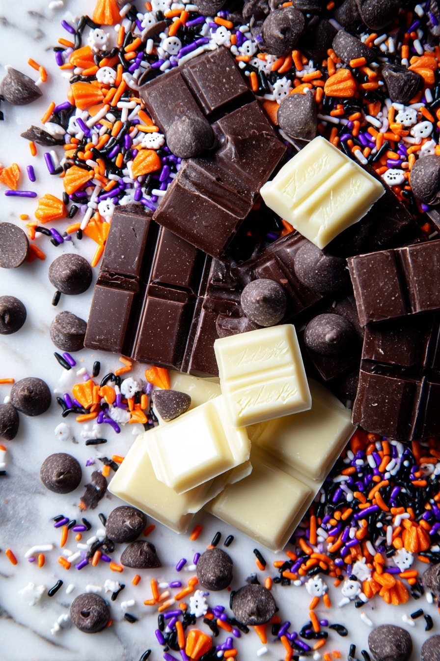 Halloween 3 Ingredient Ghost Bark, easy Halloween treats, no-fuss spooky desserts, quick ghost bark recipe, simple Halloween party snacks - Flat lay of shiny, smooth semi-sweet chocolate chips in rich dark brown, glossy white chocolate chunks with creamy texture, assorted colorful Halloween sprinkles in orange, black, purple, and white with tiny ghost and pumpkin shapes, all scattered naturally and invitingly across a bright white marbled surface, photo taken with an iphone --ar 2:3 --v 7