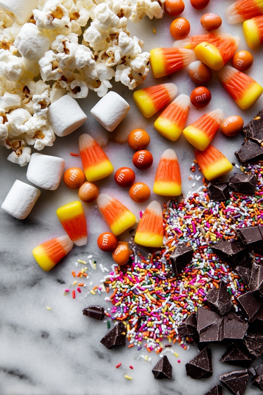 Halloween Chocolate Popcorn Treats, Halloween popcorn snacks, festive Halloween candy, easy Halloween party treats, spooky popcorn recipes - Flat lay of bright orange candy corn with smooth, shiny red and yellow peanut M&Ms scattered among fluffy white mini marshmallows and light, airy salted popcorn kernels, rich dark brown chopped semisweet chocolate chunks with a glossy texture, and colorful festive sprinkles in various shapes and vibrant hues, all naturally arranged with a mix of clusters and loose pieces to create a playful, textured composition, placed on white marbled surface, photo taken with an iphone --ar 2:3 --v 7