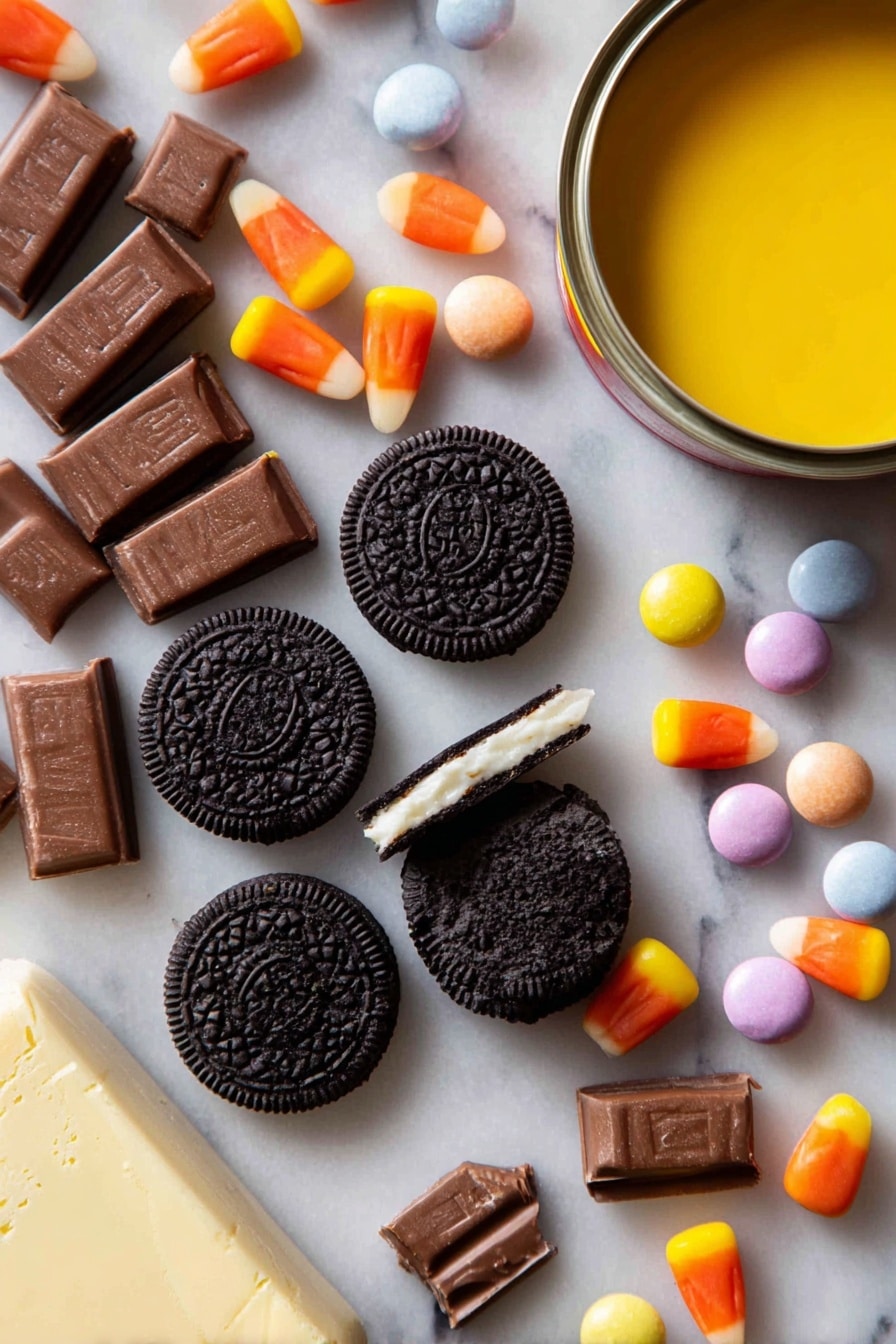 Boo Batter No-Churn Ice Cream, no-churn black ice cream, Halloween ice cream recipe, easy no-ice-cream-maker ice cream, fun party dessert - Flat lay of crushed chocolate Oreo cookies with creamy white filling, broken mini Kit Kat bars showing their crisp wafer layers, bright orange and yellow candy corn, colorful smooth Smarties in pastel shades, glossy black liquid food coloring droplets, a small pat of soft pale yellow melted butter, and a can of shiny golden sweetened condensed milk, all beautifully arranged with natural textures and vibrant colors, placed on white marbled surface, photo taken with an iphone --ar 2:3 --v 7