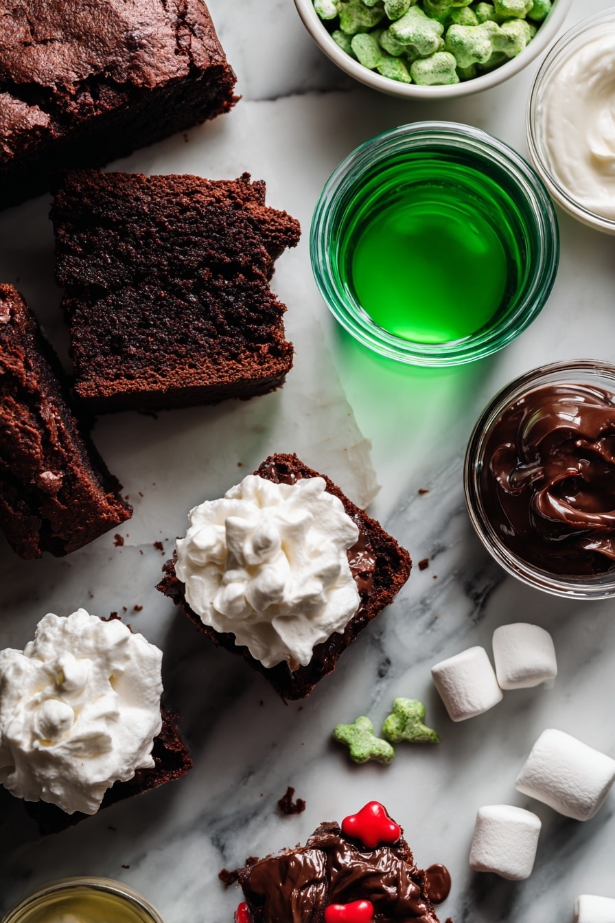Boo Halloween Dessert Cups, Halloween dessert ideas, spooky Halloween treats, easy Halloween dessert, Halloween party desserts - Flat lay of rich chocolate loaf cake pieces with deep brown color and moist texture, smooth dark chocolate pudding mix packets in their shiny boxes, fluffy white whipping cream swirls, bright white marshmallow ghosts with soft and puffy texture, small vibrant red candy bones with glossy finish, a small glass jar of green food coloring showing bright emerald liquid, all arranged naturally with slight overlapping and scattered crumbs to add texture, placed on white marbled surface, photo taken with an iphone --ar 2:3 --v 7