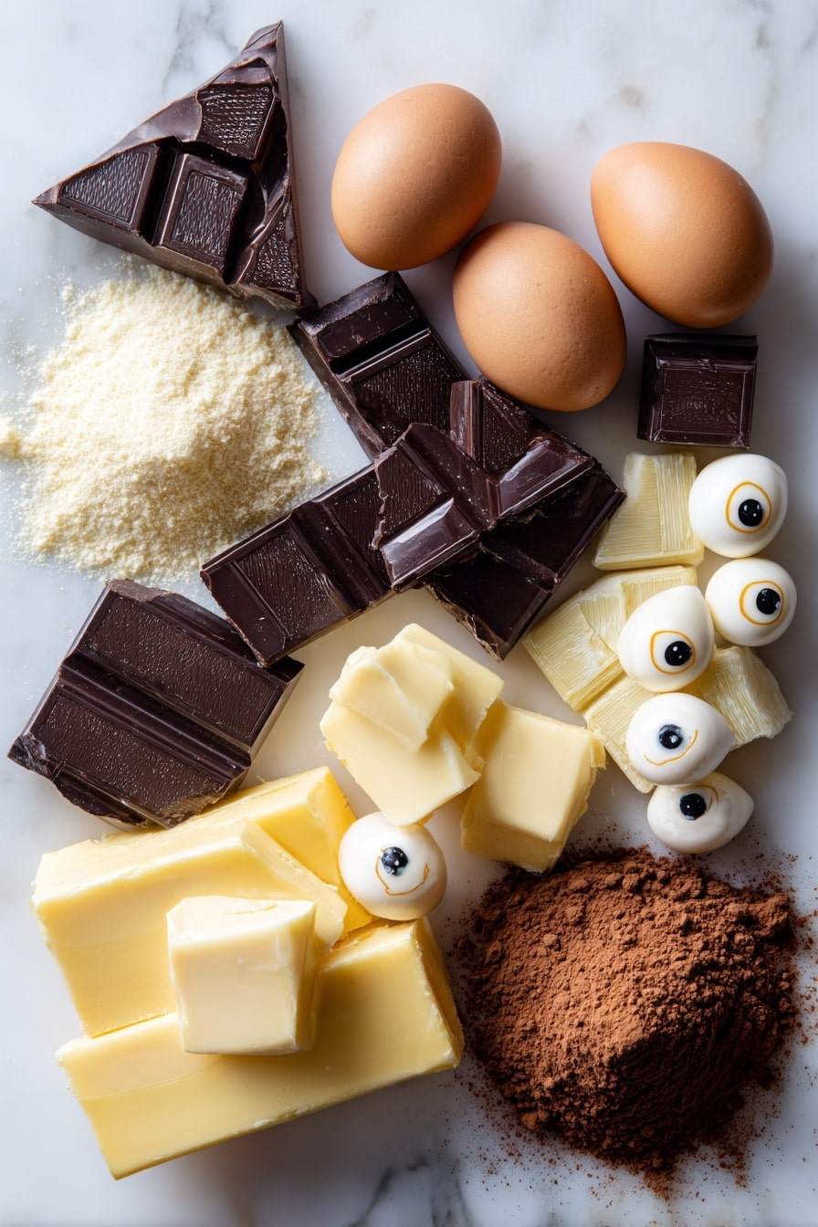 Chocolate Madeleine Mummies, Halloween madeleine cakes, spooky chocolate treats, festive Halloween desserts, mummy-themed baked goods - Flat lay of glossy dark chocolate chunks with a rich deep brown color, creamy pale yellow unsalted butter blocks, smooth white chocolate pieces glowing softly, golden honey drizzles shimmering slightly, fresh large eggs with smooth brown shells, fine light almond flour mounds with a soft texture, velvety dark cocoa powder heaps in rich reddish-browns, and tiny round candy eyes with bright white backgrounds and black pupils scattered playfully, all arranged naturally with gentle overlaps and seasonal charm, placed on white marbled surface, photo taken with an iphone --ar 2:3 --v 7