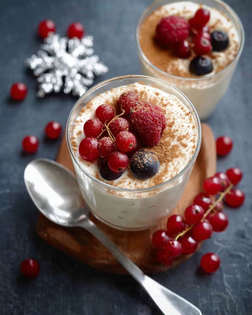 No Bake EggNog Berry Cheesecakes, festive no bake cheesecakes, holiday berry cheesecake, easy eggnog dessert, no bake Christmas cheesecake - The image shows a clear glass cup with a layered dessert on a white marbled texture. Inside the cup, the first visible layer is a crumbly light brown base on the right side, topped mostly with a thick, creamy white layer that covers the left side. Three fresh red cherries are placed on top of the creamy layer, and the cream is sprinkled with a fine dusting of light brown powder. A silver spoon is partially inside the cup, resting on the creamy layer and crumbs. Some additional cherries are scattered on the white marbled surface around the cup. photo taken with an iphone --ar 2:3 --v 7