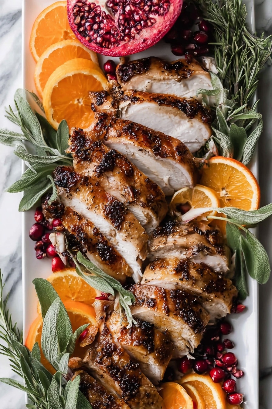 Perfect Smoked Turkey Breast, smoked turkey breast, flavorful turkey breast, tender smoked turkey, how to smoke turkey breast - A large roasted dark brown meat piece sits in the center of a white plate, surrounded by fresh dark purple grapes in bunches. There are cut halves of bright orange small citrus fruits and yellow lemon wedges placed evenly around the meat. Green rosemary leaves and sage leaves add greenery around the edges. Two red pomegranate halves with seeds showing are placed on opposite sides near the meat. All this is on a white marbled surface. photo taken with an iphone --ar 2:3 --v 7