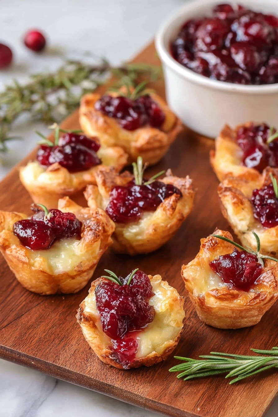 Cranberry Brie Bites, Cranberry Brie Bites appetizer, easy holiday appetizers, savory crescent dough snacks, quick party finger foods - The image shows eight small pastry cups arranged on a wooden board. Each cup has a golden-brown crispy outer layer filled with melted cheese, topped with a bright red cranberry sauce that looks chunky. Some pastries have small green rosemary sprigs sticking out from the side, adding a fresh touch. In the background, part of a white bowl filled with more cranberry sauce is visible, along with a few more sprigs of rosemary lying on the board. The scene is warm and inviting, with a focus on the texture contrast between the crispy pastry and soft cheese topped with vibrant cranberry sauce. The setting is on a white marbled surface. photo taken with an iphone --ar 2:3 --v 7