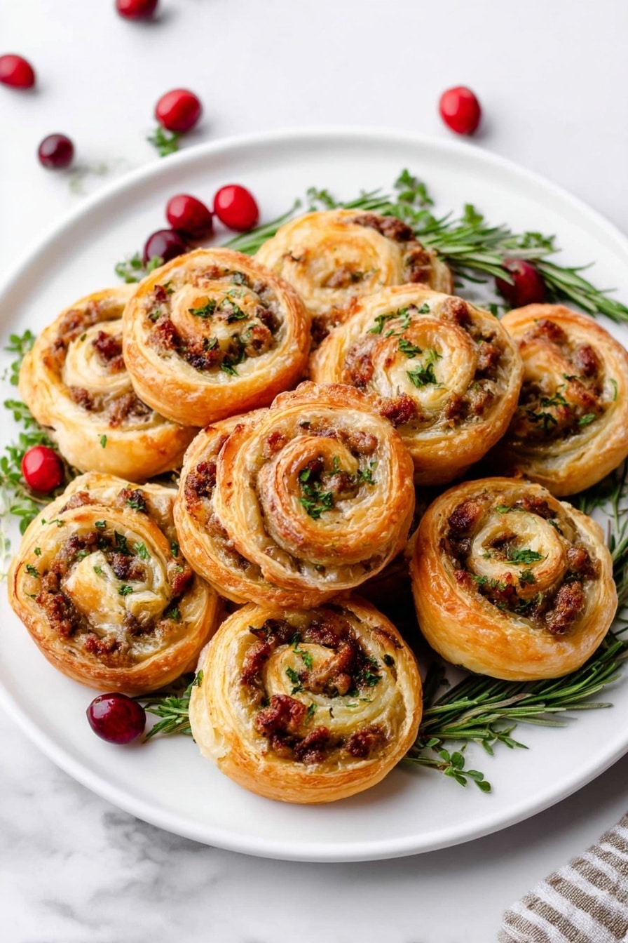 Sausage Cranberry Brie Bites, savory appetizer bites, easy party appetizer, puff pastry appetizers, holiday appetizer ideas - A white plate holds nine golden-brown puff pastry pinwheels stacked gently. Each pinwheel has multiple layers visible in a spiral pattern, showing a slightly crispy outer edge with a softer, flaky inside. The filling is a mix of brown, green, and reddish bits, likely meat and herbs, spread through the spiral. Around the pinwheels are sprigs of green herbs and scattered red cranberries, adding color contrast. The plate sits on a white marbled surface with a black and white checkered cloth and a white towel in the background. Photo taken with an iphone --ar 2:3 --v 7