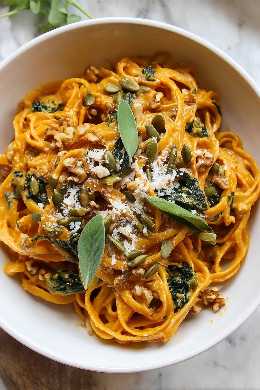 Pumpkin Pasta, best pumpkin pasta, easy pumpkin pasta recipe, hearty autumn pasta, creamy pumpkin pasta - The dish shows a white bowl filled with noodles coated in an orange sauce, giving a creamy look. The noodles are twisted and piled in layers, mixed with dark green leafy pieces that add color contrast. On top, there are scattered light brown walnut pieces and green pumpkin seeds, along with a sprinkle of white grated cheese for texture. Several fresh green leaves are placed on the surface, enhancing the natural appeal. The bowl sits on a white marbled surface, adding a clean and bright background to the photo taken with an iphone --ar 2:3 --v 7