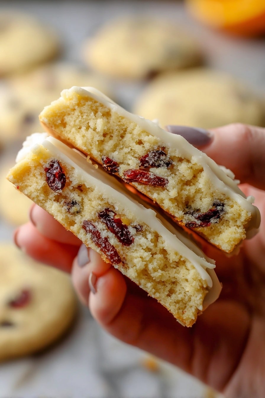 Orange Cranberry Shortbread Cookies, citrus cranberry cookie recipe, easy holiday shortbread, buttery cranberry cookies, festive citrus dessert - A close-up view of a two-layer soft cookie held by a woman's hand, showing a light golden-brown, moist texture with embedded dark red dried fruit pieces throughout both layers. The cookie has a thin white icing coating on the outside, visible on the edges, with a slightly rough surface. The background is softly blurred with similar cookies lying flat on a white marbled surface, emphasizing the focus on the held cookie. The warm lighting enhances the soft and crumbly look of the cookie layers. photo taken with an iphone --ar 2:3 --v 7