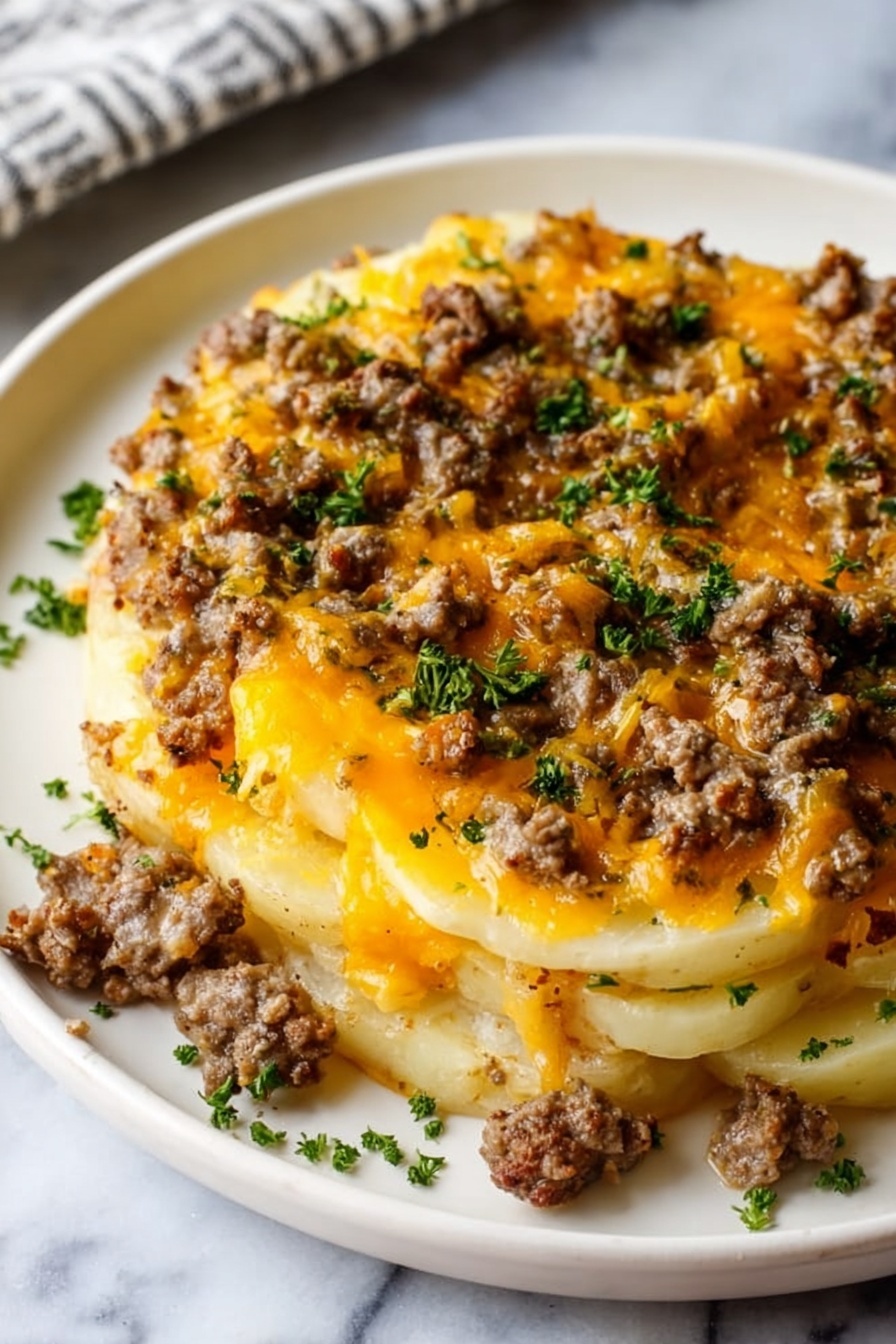 Hobo Casserole, easy hobo casserole, hearty casserole dinner, comfort food recipes, cheesy ground beef casserole - The dish shows two thick layers of sliced potatoes that are pale yellow with smooth, slightly soft texture as the base and middle layer. On top of the potatoes, there are small pieces of browned cooked ground meat with a crumbly texture, spread evenly across the surface. Melted cheddar cheese slices cover parts of the potatoes and meat, in a bright orange-yellow color with a smooth, shiny surface. The dish is garnished with small pieces of green parsley sprinkled on top, giving a fresh touch. The food is served on a white plate placed on a white marbled surface. photo taken with an iphone --ar 2:3 --v 7