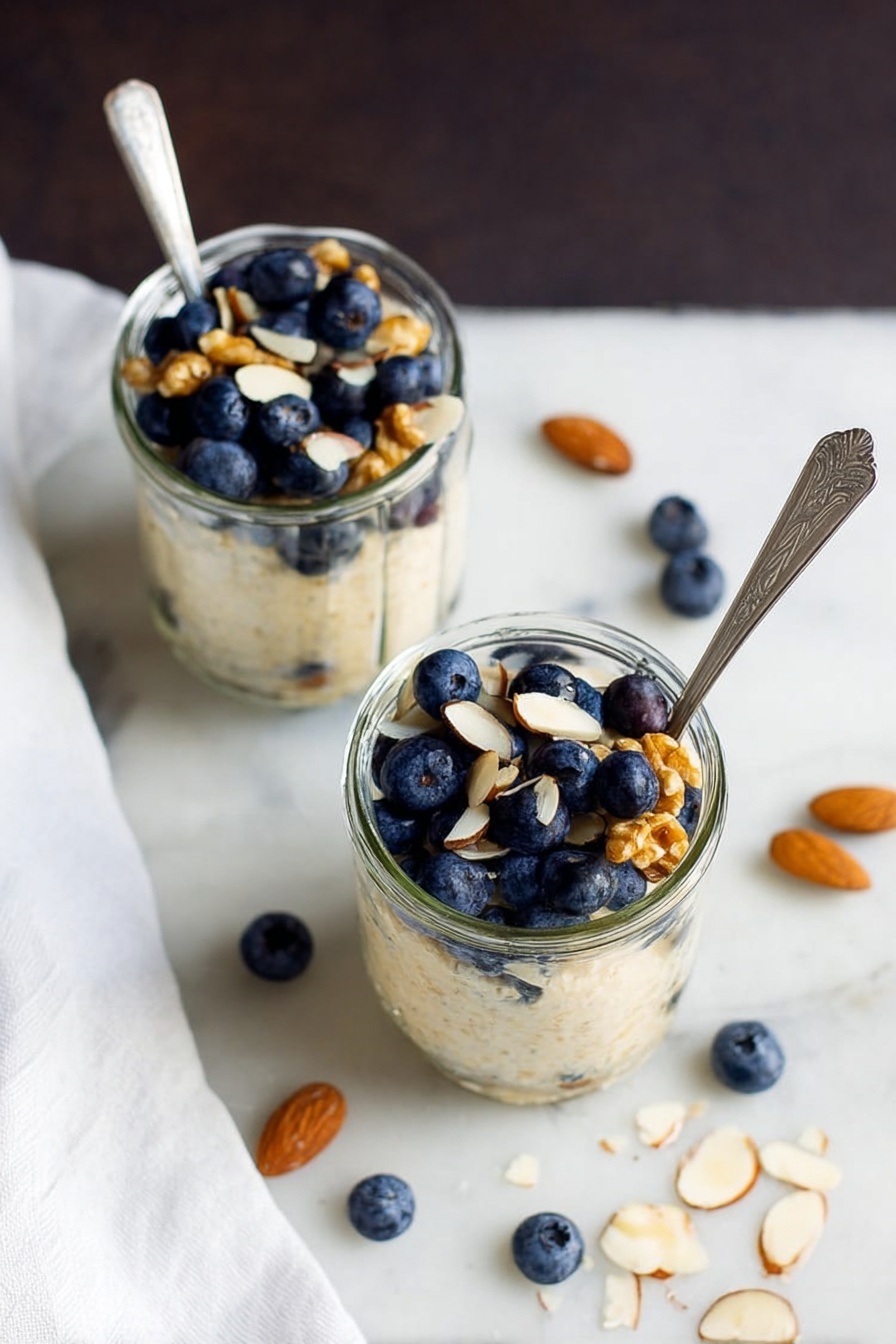 Simple Vegan Overnight Oats, vegan breakfast ideas, easy overnight oats, healthy vegan breakfast, quick vegan morning recipes - Two clear glass jars with three visible layers each sit on a white marbled surface. The bottom layer is a light beige creamy oatmeal, topped with a layer of sliced almonds scattered evenly. The top layer consists of fresh deep blue blueberries and small golden walnut pieces arranged loosely on top. One jar has a silver spoon resting inside it, and a few almond slices are scattered near the jars. A white cloth is partially visible in the corner. Photo taken with an iphone --ar 2:3 --v 7