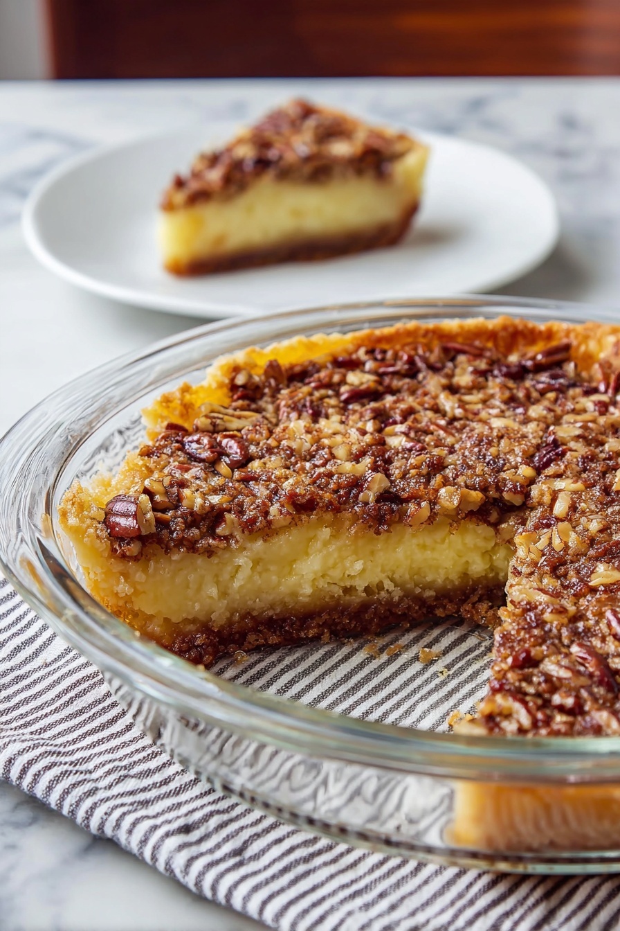 Colonial Innkeeper's Pie, chocolate layered pie, vintage dessert, homemade pie recipes, rich chocolate cake dessert - A pie with three clear layers is shown: the bottom is a dark brown crust, the middle is a thick, light yellow cake layer with soft texture, and the top is a crunchy, nutty layer with chopped pecans in brown and golden shades. A slice of the pie is placed on a white plate in the background, showing the same layers. The pie is inside a clear glass dish sitting on a striped cloth with a white marbled surface underneath. Photo taken with an iphone --ar 2:3 --v 7