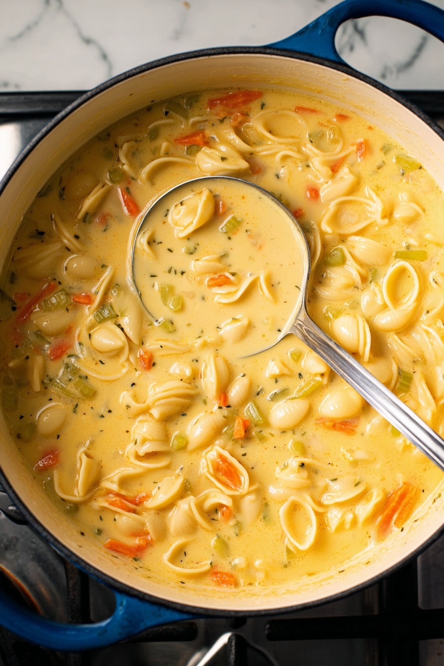 Mac & Cheese Soup, cheesy soup recipe, comfort food recipes, creamy cheese soup, easy cheesy soup - A close-up view of a large blue pot filled with creamy yellow soup with small pasta shells and thin slices of orange carrot and green celery mixed inside. The soup has a thick smooth texture covering all ingredients evenly, and a long silver spoon is resting inside the pot with its handle leaning on the pot’s edge. The pot is sitting on a stovetop surrounded by a white marbled surface visible at the edges. Photo taken with an iphone --ar 2:3 --v 7