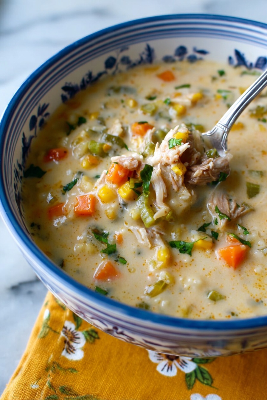 Lemon Chicken & Spaetzle Soup, lemon chicken soup with spaetzle, bright lemon chicken soup, comforting lemon chicken and dumpling soup, easy spaetzle soup recipes - The image shows a close-up of a white bowl with blue designs filled with a thick soup that has a creamy light beige base. The soup includes small soft pieces of orange carrot, light green celery, green herbs, and shredded light-colored meat mixed throughout. A metal spoon is partially inside the bowl on the right side, lifting some soup. The bowl is placed on a white marbled surface with a yellow cloth with a floral pattern next to it. Photo taken with an iphone --ar 2:3 --v 7