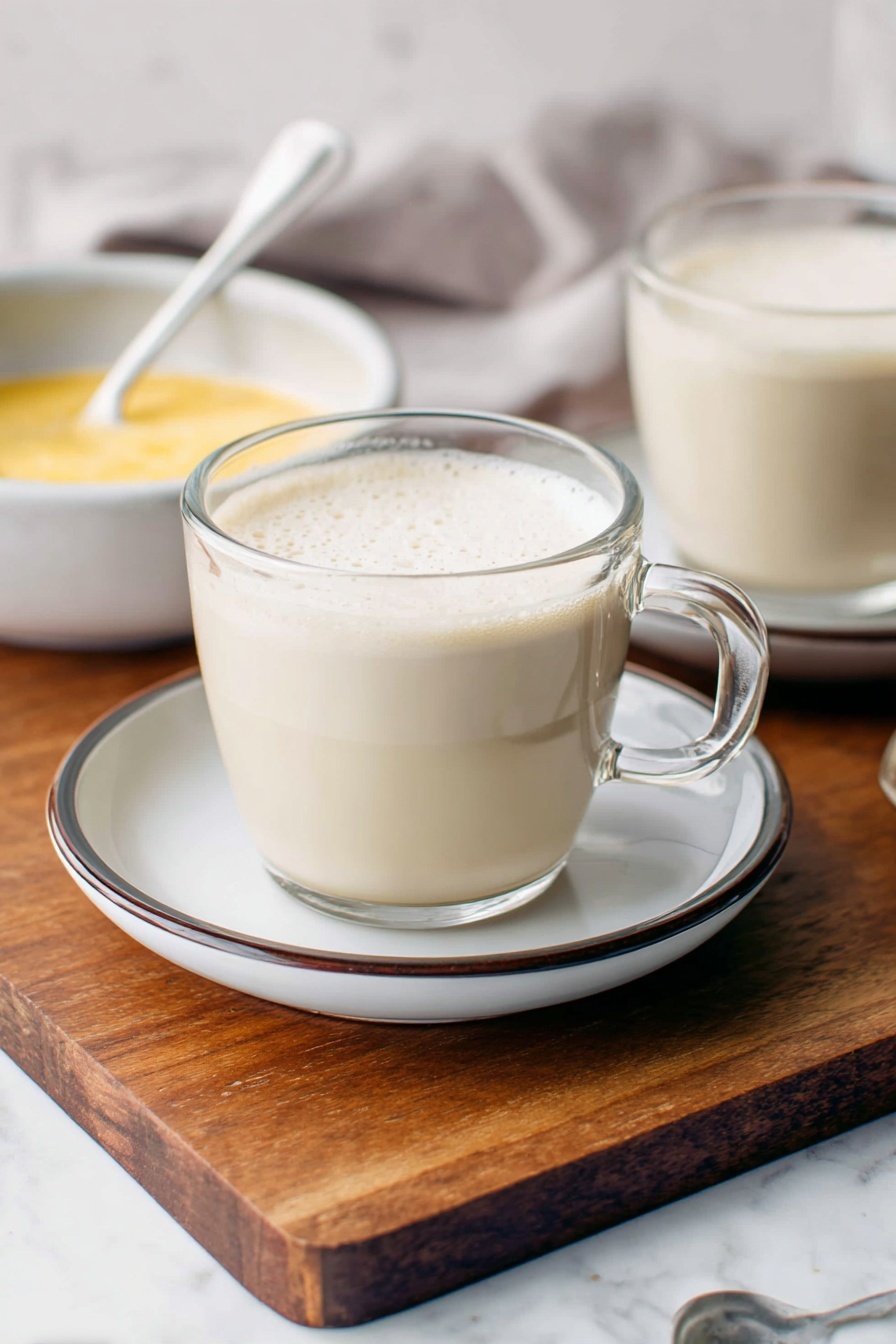 Vegan White Hot Chocolate, dairy-free hot chocolate, plant-based hot chocolate, creamy vegan hot chocolate, vegan winter drinks - A clear glass cup filled with light beige frothy milk tea sits on a white saucer with a thin dark rim, resting on a wooden board. The cup has a clear handle on the right side. In the background, there is another similar cup and a bowl with a creamy yellow substance, along with a metal spoon placed inside it. The surface beneath the wooden board is a white marble texture. photo taken with an iphone --ar 2:3 --v 7