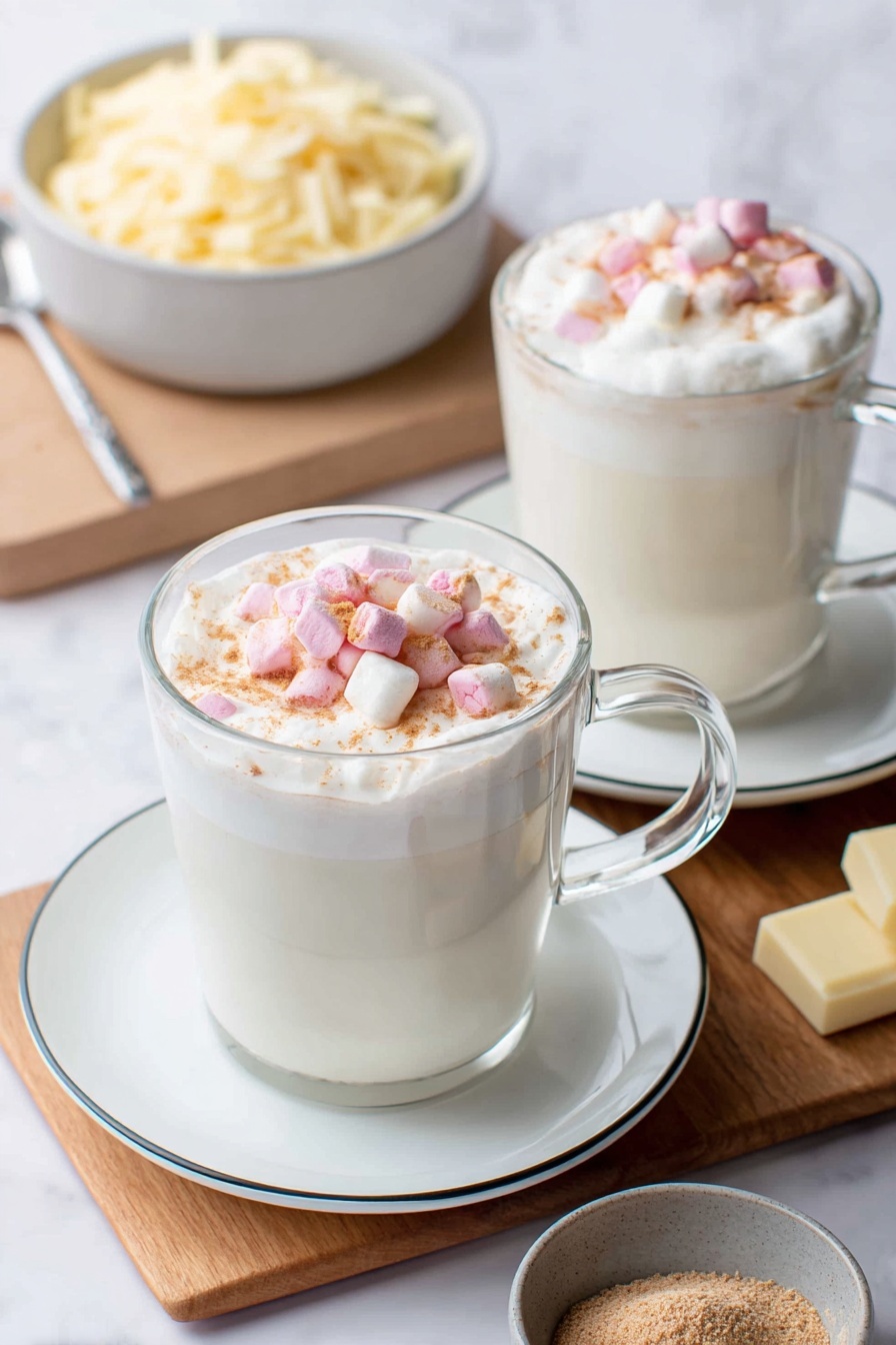 Vegan White Hot Chocolate, dairy-free hot chocolate, plant-based hot chocolate, creamy vegan hot chocolate, vegan winter drinks - There are two clear glass mugs filled with white creamy hot drinks, each topped with a thick layer of white foam. On top of the foam, there is a mix of small pink and white marshmallows, with a light dusting of brown powder. Each mug sits on a white plate with a thin black rim. In the background, on a wooden board, there is a white bowl filled with shredded light yellow chocolate and a silver spoon resting inside. Next to it is a small gray bowl containing a fine light brown powder, and a piece of white chocolate nearby. The whole scene is set on a white marbled surface. Photo taken with an iphone --ar 2:3 --v 7