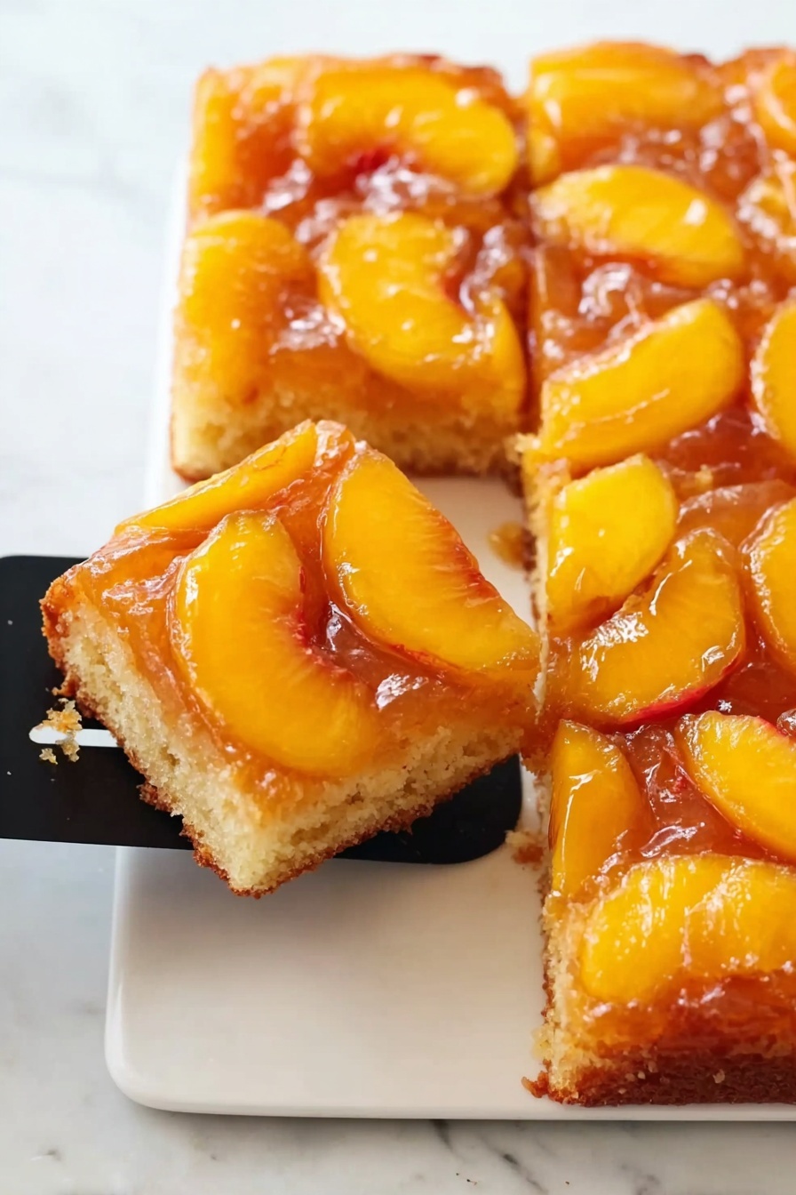 Peach Upside-Down Cake, Peach Dessert Recipe, Summer Fruit Cake, Caramelized Peach Cake, Easy Peach Cake - The image shows a square peach tart with a single thin crust layer, topped with many peach slices arranged in overlapping rows, each peach slice having a yellow and orange color with soft texture. Thick white cream or icing is drizzled diagonally over the peaches in wide stripes. Fresh green mint leaves are scattered mostly in the center on top of the cream, adding a bright contrast. The tart is placed on a white marbled surface surrounded by three whole peaches with fuzzy skin and several green leafy sprigs. Photo taken with an iphone --ar 2:3 --v 7