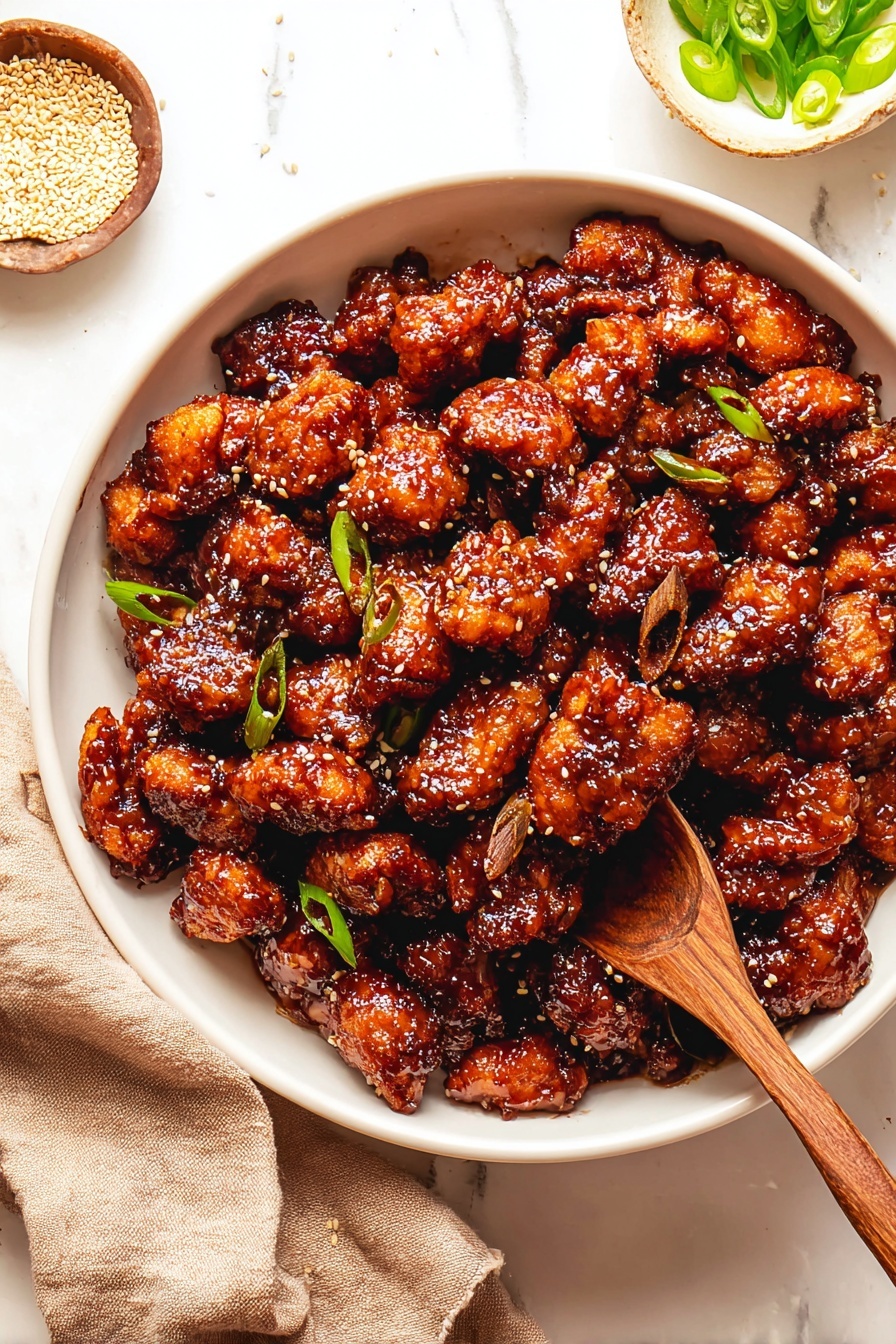 Sticky Honey Lemon Chicken, honey lemon chicken, quick chicken dinner, easy Asian chicken recipe, flavorful chicken stir-fry - A white bowl filled with many small pieces of dark brown fried chicken coated in a shiny, sticky sauce. The chicken pieces look crispy with a rich glaze that makes them glossy. A wooden spoon rests inside the bowl, partially covered by chicken pieces. Around the bowl, there are small dishes with sliced green onions and sesame seeds on a white marbled surface. A light brown cloth napkin is placed near the bowl. Photo taken with an iphone --ar 2:3 --v 7