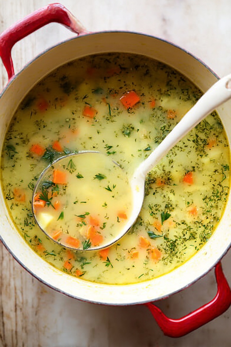 Creamy Polish Dill Soup, Polish dill soup recipe, hearty dill soup, easy Polish soup, comforting dill soup - A deep white pot with red handles sits on a white marbled surface filled with a light yellow broth speckled with finely chopped green herbs. Floating in the soup are small cubes of orange carrots and light yellow potatoes, evenly dispersed throughout. A white ladle rests in the pot, holding a portion of the soup that clearly shows the colorful vegetable pieces and green herbs scattered in the broth. The scene is brightly lit, showing the fresh and simple texture of the soup. photo taken with an iphone --ar 2:3 --v 7