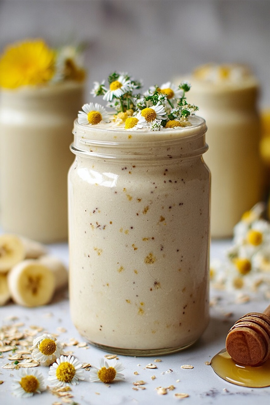 Banana Chamomile Tea Smoothie, soothing banana smoothie, chamomile tea drink, healthy fruit smoothie, calming beverage recipes - A clear glass jar filled with a creamy, light beige smoothie, with small granola pieces mixed inside. The top layer is decorated with three banana slices, each with a small yellow flower on top, and a sprinkle of granola around the banana slices. The jar is set on a white marbled surface, with blurred daisy-like flowers and another jar in the light background. photo taken with an iphone --ar 2:3 --v 7