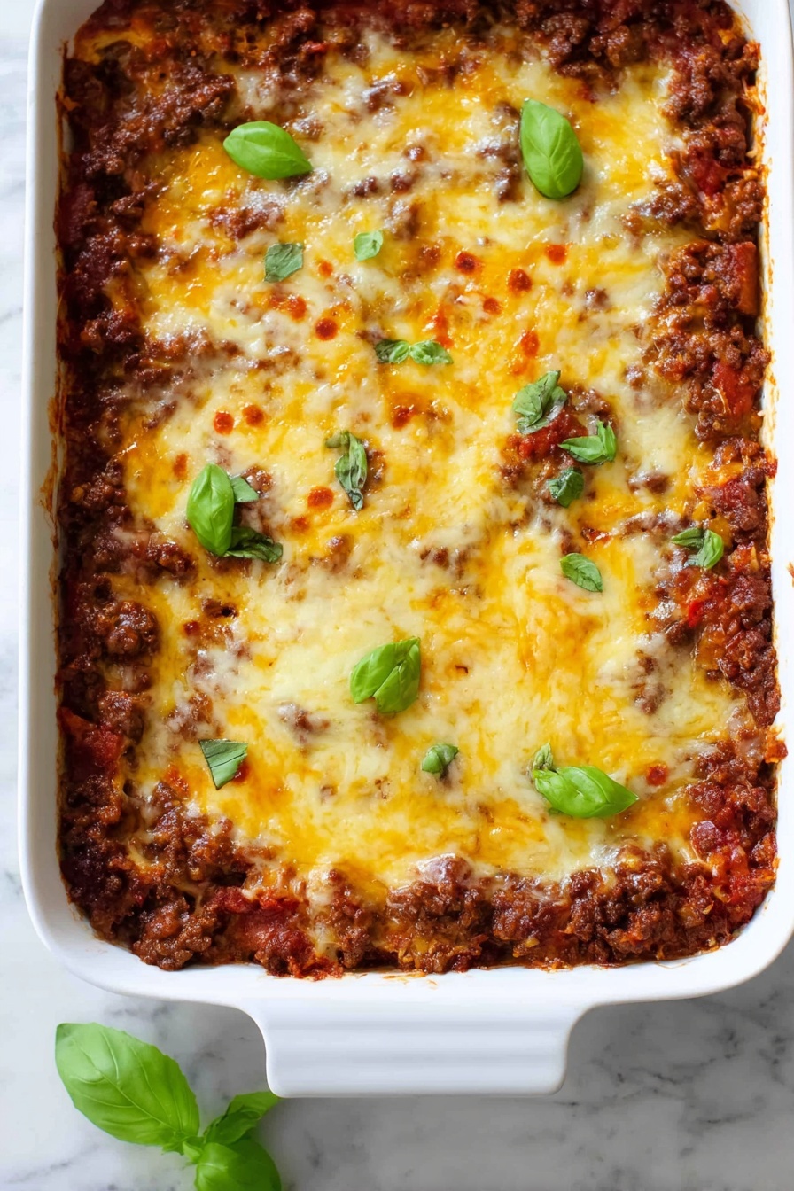 Zucchini Pizza Casserole, healthy zucchini casserole, easy zucchini dinner, veggie-packed pizza casserole, zucchini dinner recipes - The image shows a white rectangular baking dish filled with a layered casserole. The top layer is golden yellow melted cheese with some browned spots and a few green basil leaves scattered on top for garnish. Beneath the cheese, you can see visible layers of dark brown cooked ground meat mixed with tomato sauce, giving a rich red and brown texture. The dish sits on a white marbled surface with a small green basil leaf placed near the bottom edge of the dish. photo taken with an iphone --ar 2:3 --v 7