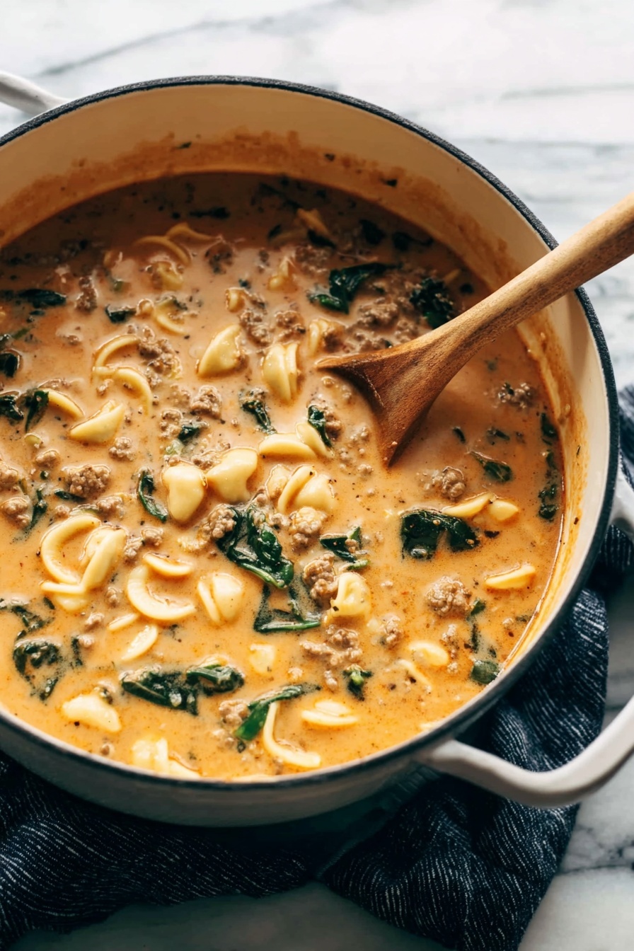 Creamy Italian Tortellini Soup, Italian Tortellini Soup, cheesy tortellini soup, hearty Italian sausage soup, quick creamy pasta soup - A large white pot filled with a thick, creamy soup that is orange-beige in color, speckled with small pieces of ground meat, green leafy vegetables, and small curved pasta shells. A wooden spoon is resting inside the pot, partially submerged in the soup, showing its rich and smooth texture. The pot sits on a dark blue cloth on a white marbled surface, creating a warm and cozy feeling. photo taken with an iphone --ar 2:3 --v 7