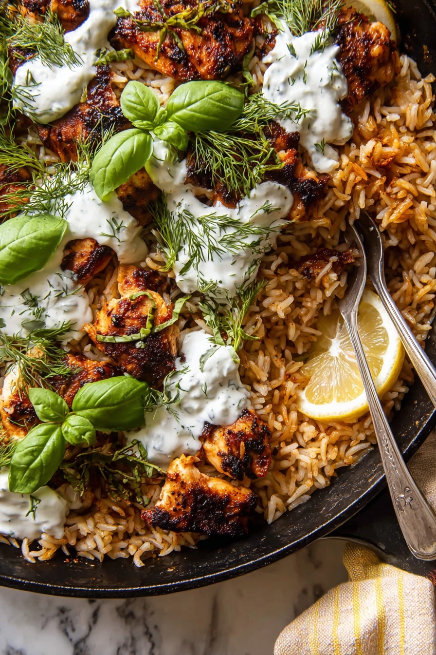 Skillet Tzatziki Chicken with Orzo, Greek chicken skillet, easy Mediterranean chicken, flavorful chicken and orzo, healthy chicken dinner - A close-up top view of a black cast iron pan filled with three layers: the bottom layer is golden brown rice with some grains scattered unevenly; the middle layer consists of several pieces of browned grilled chicken with a slightly crispy texture; the top layer shows bright green fresh basil leaves and small dill sprigs scattered across, along with dollops of white creamy sauce unevenly spread. A thin lemon slice is tucked among the rice and chicken near the bottom right. A silver fork partially rests on the chicken in the upper right area. The pan is placed on a white marbled surface with a soft beige and yellow striped cloth visible on the bottom right corner. Photo taken with an iphone --ar 2:3 --v 7