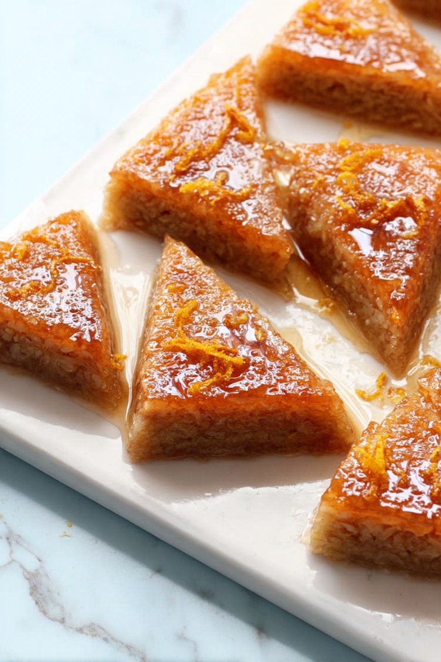 Gluten Free Greek Honey Cake, Greek honey cake, gluten free dessert, honey cake with spices, Greek gluten free baking - The image shows a single slice of a dense, nut-filled dessert with a golden brown top layer that looks moist and sticky, placed on a white plate with a slightly decorative edge. The slice is garnished with thin, curly orange peels on top, and the plate has small drizzles of syrup around the dessert. A fork and knife rest above the plate on a white marbled surface, with soft natural lighting highlighting the texture and color of the dessert. photo taken with an iphone --ar 2:3 --v 7