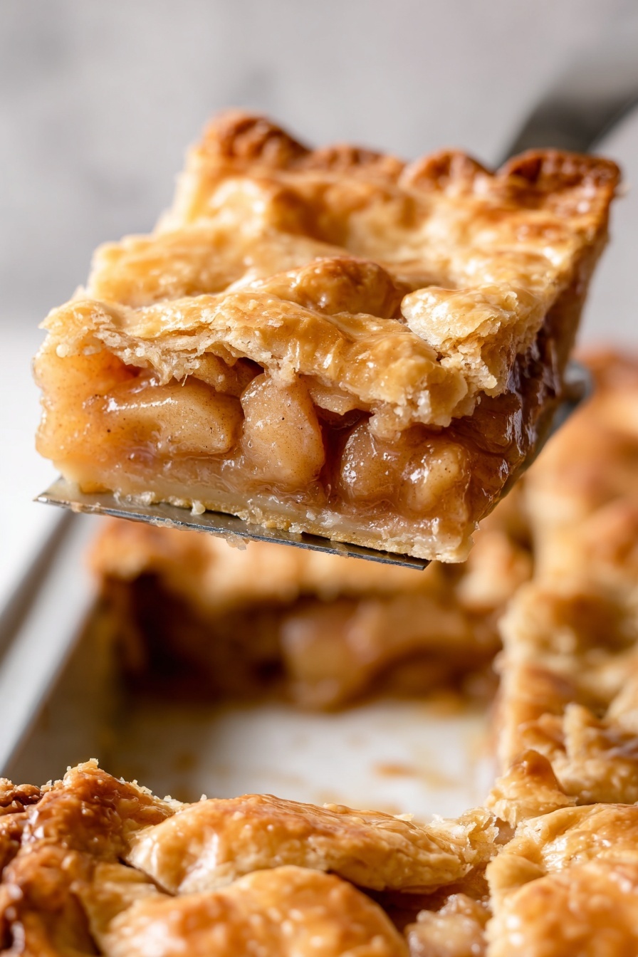 Best Apple Slab Pie, easy apple slab pie recipe, homemade apple slab pie, flaky apple pie bake, orchard-style apple slab dessert - This image shows a close-up of a square slice of apple pie lifted with a spatula above a white marbled surface. The slice has three main layers: a golden-brown, flaky crust on top with uneven edges and a slightly crispy texture, a thick middle layer filled with chunky cooked apple pieces in a light brown syrupy sauce, and a golden base crust that looks firm but soft. The background shows the rest of the pie still in a baking tray with the same golden crust, and the lighting highlights the pie’s warm colors and textures. Photo taken with an iphone --ar 2:3 --v 7