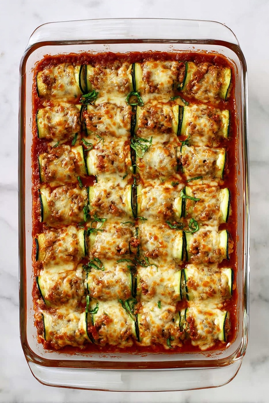 Zucchini Rollatini with Ricotta and Sausage, zucchini rollatini, cheesy baked zucchini rollups, stuffed zucchini with sausage and ricotta, easy zucchini dinners - The image shows a clear rectangular glass baking dish filled with a layered zucchini roll casserole. The top layer consists of small, evenly spaced zucchini rolls with grilled marks, each topped with a bubbly, golden-brown melted cheese layer. The rolls lie on a thick red sauce base, likely tomato-based, visible between the rolls and around the edges. There is a sprinkle of fresh green herbs on top, adding a touch of color contrast. The dish is placed on a white marbled surface, giving the image a clean look. photo taken with an iphone --ar 2:3 --v 7