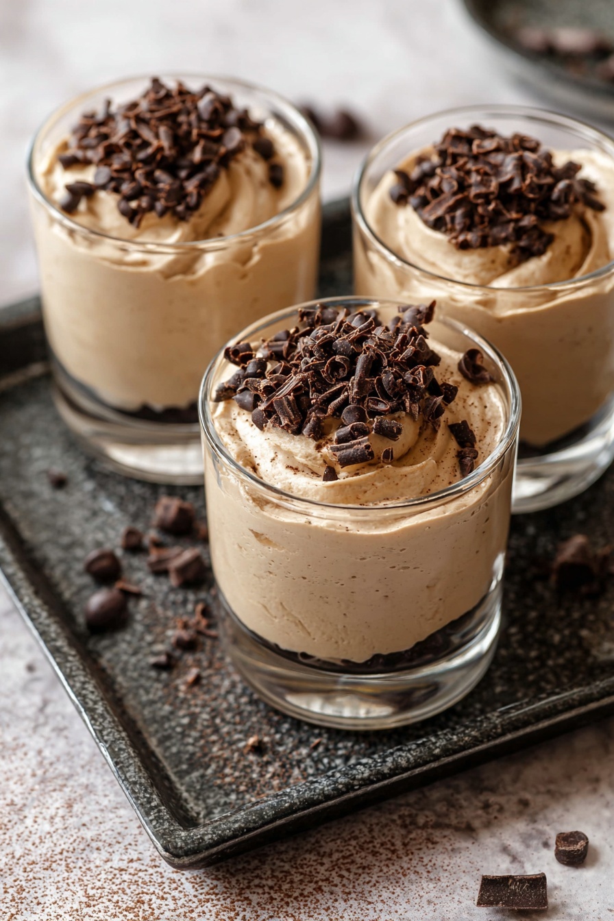 Coffee Mousse, Coffee Mousse Recipe, How to Make Coffee Mousse, Easy Coffee Mousse, Coffee Dessert - Three clear glass cups are filled with a smooth, light brown creamy dessert. Each cup is topped with a generous pile of dark chocolate curls, adding texture and richness on top. The cups sit closely together on a dark textured tray which rests on a white marbled surface. The creamy dessert inside the cups shows soft swirls, giving it an airy, whipped look. Scattered chocolate curls around the tray add a casual touch. The overall scene is warm and inviting. photo taken with an iphone --ar 2:3 --v 7