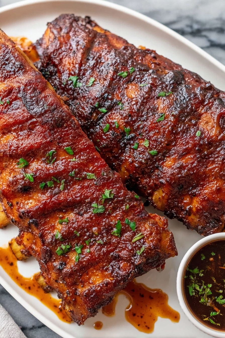 Crockpot Ribs, easy slow cooker ribs, tender fall-off-the-bone ribs, flavorful crockpot ribs recipe, simple ribs in slow cooker - A white plate holds two large racks of ribs with a shiny, dark reddish-brown sauce covering the entire surface. The ribs have a slightly charred texture with visible grill marks and are sprinkled with small pieces of green herbs. Some sauce drips onto the plate, adding a glossy and thick look. At the bottom right corner of the plate, there is a small white bowl filled with a dark dipping sauce, also topped with green herb bits. The plate is on a white marbled surface. photo taken with an iphone --ar 2:3 --v 7