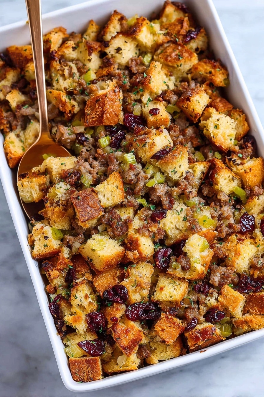 Sausage and Herb Stuffing with Cranberries, savory sausage stuffing recipe, holiday stuffing with cranberries, herb and sausage bread stuffing, festive bread stuffing - The dish is a baked stuffing served in a white rectangular baking dish, filled with multiple layers of cubed bread pieces that are golden brown and slightly crispy. Mixed throughout are small bits of browned sausage, green celery pieces, and dark red dried cranberries. The texture is a mix of soft and crunchy, with visible herbs sprinkled on top, adding a speckled green. A bronze spoon rests inside the dish slightly sunk into the stuffing, ready to serve, all sitting on a white marbled surface. photo taken with an iphone --ar 2:3 --v 7