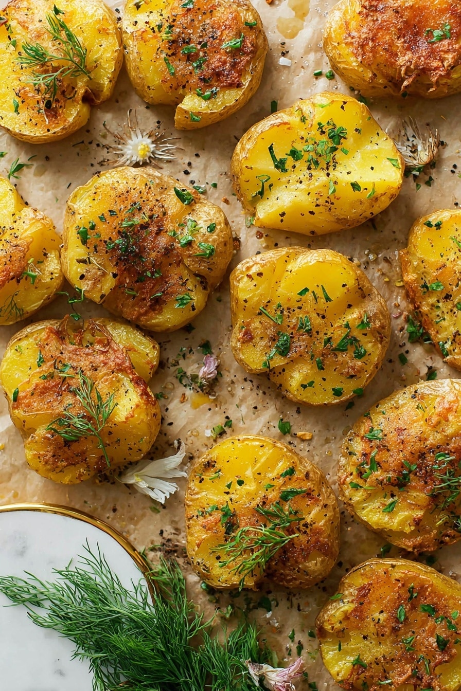 Smashed Potatoes with Garlic Paprika and Fresh Herbs, crispy smashed potatoes, flavorful potato side dish, garlic and herb smashed potatoes, easy baked potato recipes - The image shows several golden brown smashed potatoes on a white marbled surface. Each potato is lightly crushed flat with rough edges and crispy skin. The top layer is a golden yellow with a slightly charred, crunchy texture. Fresh green herbs are sprinkled over the potatoes, adding a pop of color and freshness. The potatoes have tiny black pepper and seasoning specks on them. Around the potatoes, small crispy potato pieces are placed, creating a rustic look. photo taken with an iphone --ar 2:3 --v 7