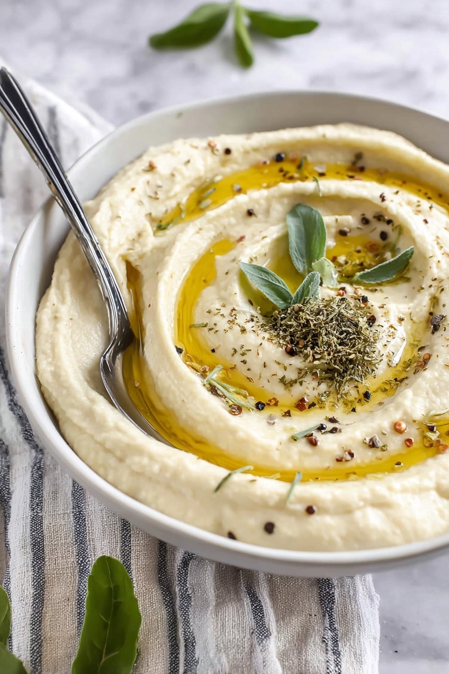 Cheesy Baked Mashed Potatoes, cheesy mashed potato side dish, baked potato casserole, creamy cheesy mashed potatoes, comfort food recipes - A white bowl filled with a creamy, light beige puree that is swirled in a circular motion to create soft peaks and curves. The puree is topped with a golden-yellow layer of oil that pools in the swirls, sprinkled with small black pepper flakes and thin green herb bits. Three fresh green leaves are placed on top, one with a mound of dried herbs. A silver spoon with a black handle rests inside the bowl on the left side. The bowl sits on a white marbled surface with a soft striped cloth underneath, and a few green leaves are visible in the background. Photo taken with an iphone --ar 2:3 --v 7