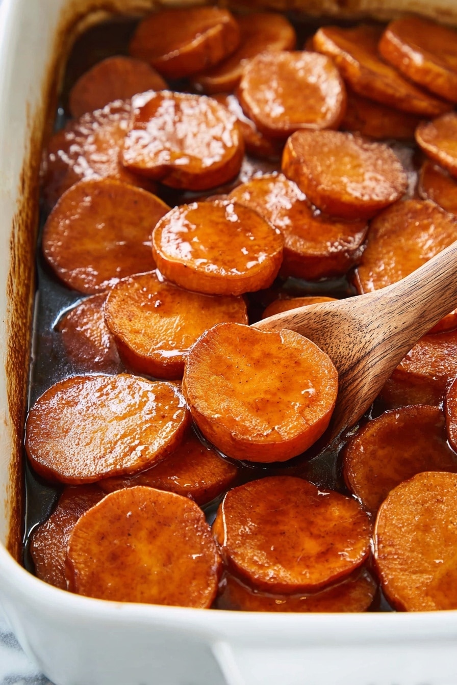 Southern Candied Yams, Soul Food Yams, Sweet Potato Side Dish, Southern Comfort Food, Easy Soul Food Recipes - The image shows a close-up of a white baking dish filled with thick, round slices of sweet potatoes, cooked in a rich, shiny brown glaze that coats each slice with a sticky texture. The sweet potato slices are arranged in a slightly overlapping layer, showing their smooth and glossy surface with a warm orange-brown color. A wooden spoon is partially visible on the right side, scooping some slices, adding a natural wooden texture to the scene. The background and surface are a white marbled texture. photo taken with an iphone --ar 2:3 --v 7
