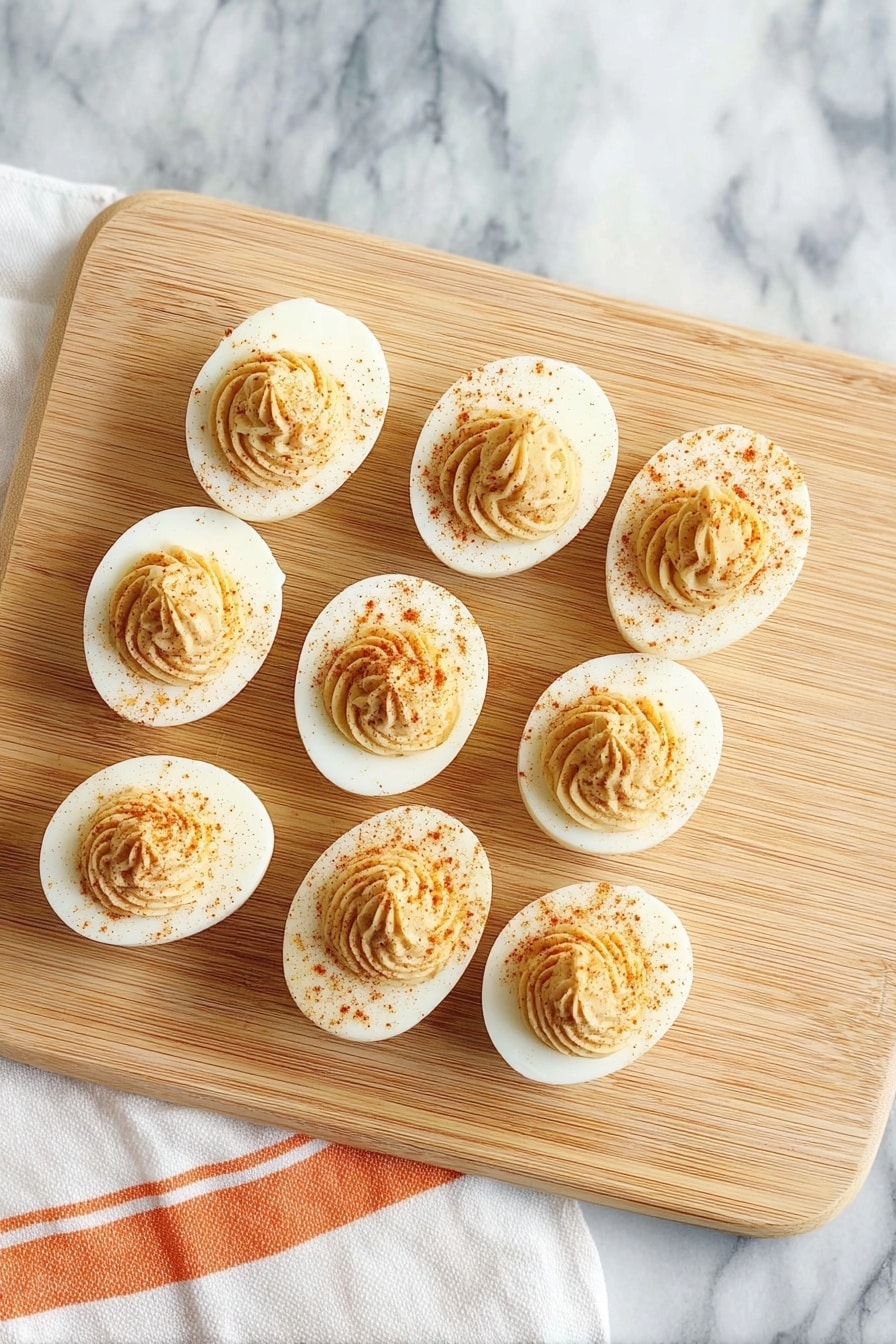 Pumpkin Devilled Eggs, festive appetizers, fall party snacks, pumpkin appetizer recipes, easy devilled eggs with pumpkin - A close-up view of six deviled eggs placed on a wooden board, each egg cut in half showing a smooth white base with a thick layer of light orange, creamy, piped filling on top. The piped filling has a spiral texture, slightly dense and ending in a soft peak. Some brown seasoning is sprinkled lightly over the filling and the egg whites. The background shows soft orange pumpkin shapes on a white marbled surface, blurred out. Photo taken with an iphone --ar 2:3 --v 7