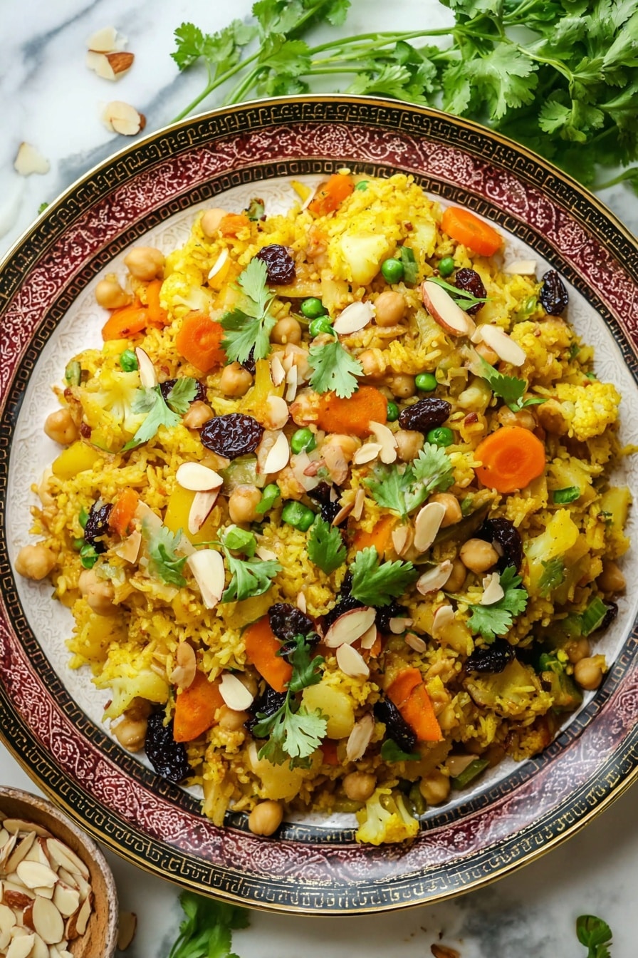 Easy Vegan Biryani, vegan biryani recipe, plant-based biryani, vegetarian Indian biryani, healthy vegan dinner - A close-up of a decorative plate with a gold and black outer rim, filled with a layered mix of yellow rice, orange carrot slices, chickpeas, small green beans, potatoes, and light yellow cauliflower pieces. The top layer is scattered with dark raisins, sliced almonds, and fresh green cilantro leaves, adding texture and vibrant colors to the dish. The plate is placed on a white marbled surface with some fresh cilantro on the side and a small bowl of sliced almonds visible in the corner. photo taken with an iphone --ar 2:3 --v 7