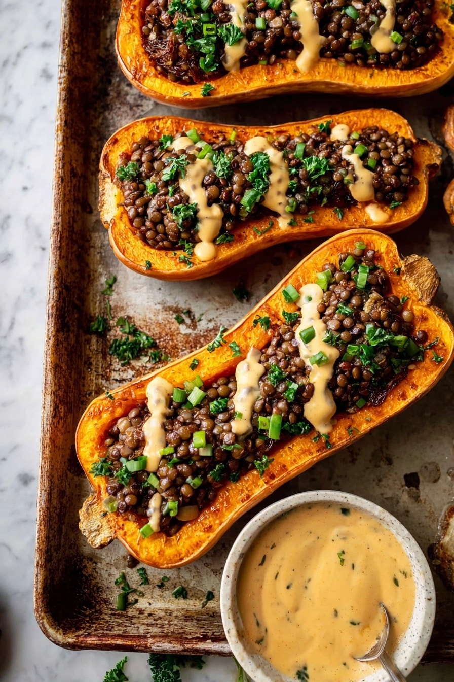 Creamy Lentil Stuffed Butternut Squash, butternut squash with lentils and tahini, healthy stuffed squash recipes, cozy vegan dinner ideas, roasted butternut squash with tahini - The image shows four halves of roasted butternut squash with a deep orange color and soft texture, each filled with a layer of dark brown lentils mixed with caramelized onions that add a slightly shiny surface. On top, there is a rough drizzle of creamy light beige sauce spread unevenly over the lentils, and small pieces of bright green chopped herbs are scattered on each squash half, adding a fresh contrast. To the right of the squash is a small white bowl filled with the same creamy beige sauce. All the items are placed on a slightly worn baking sheet that rests on a white marbled surface. Photo taken with an iphone --ar 2:3 --v 7