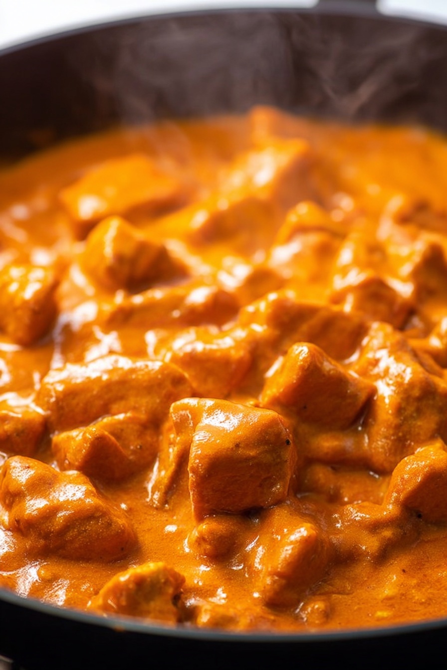 Vegan Butter Chicken, plant-based curry, vegan tofu curry, dairy-free butter chicken, vegan Indian recipes - The image shows a close-up of many small, tender pieces of meat covered in thick, smooth orange sauce with a creamy texture, all in a black pan. The meat pieces are irregular shapes, coated evenly in the sauce which looks rich and steaming hot. The background is blurred but shows more of the orange sauce and meat filling the pan, with steam rising gently. The focus is on the center where the meat pieces are clearly visible and glistening from the sauce. photo taken with an iphone --ar 2:3 --v 7