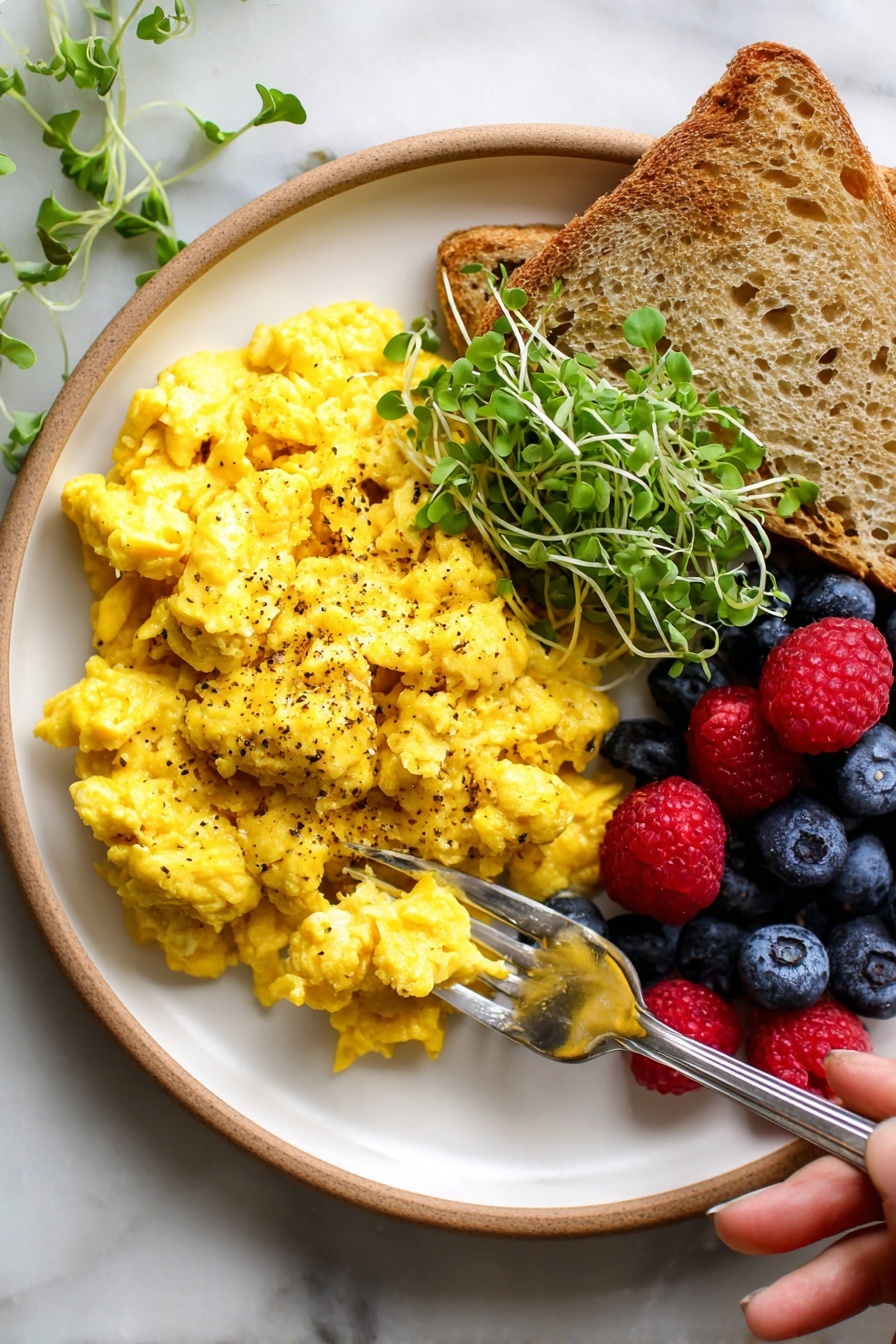 The Best Tofu Scramble, tofu scramble, vegan breakfast ideas, easy healthy breakfast, plant-based recipes - A white plate with a large pile of bright yellow scrambled eggs seasoned with black pepper on the left side. On the top right, there is a small bunch of fresh green microgreens with delicate stems and leaves. Next to the greens is a single piece of toasted white bread with a golden brown crust and textured surface. At the bottom right, fresh blueberries and red raspberries are placed together in a small cluster. A silver fork is pressing into the scrambled eggs from the right side, held by a woman's hand. The plate sits on a white marbled surface photo taken with an iphone --ar 2:3 --v 7