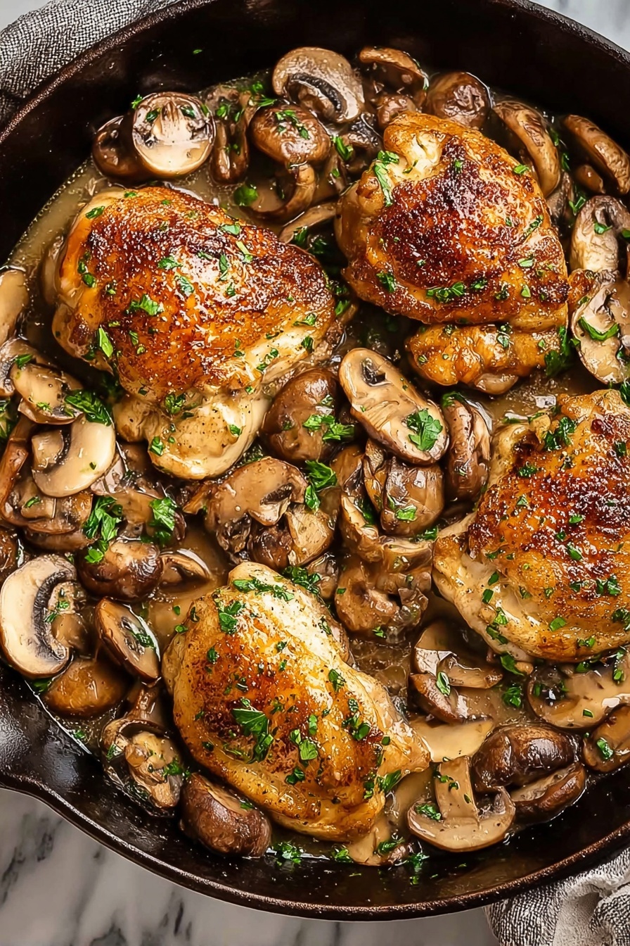 Classic Chicken Marsala, Chicken Marsala recipe, easy Chicken Marsala, flavorful chicken dishes, quick Italian chicken - A black cast iron pan filled with four golden-brown cooked chicken pieces evenly spaced around the pan. Surrounding and partly on top of the chicken are many light brown mushroom slices with some small pieces of bright green parsley sprinkled over everything. There is a shiny, light brown sauce covering the mushrooms and chicken, giving a moist look to the dish. The surface the pan sits on has a white marbled texture photo taken with an iphone --ar 2:3 --v 7