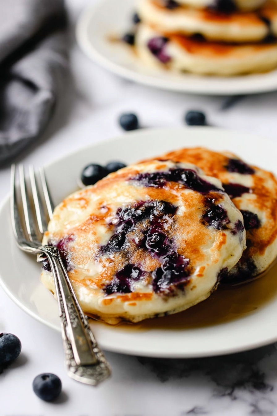 Vegan Blueberry Pancakes, easy vegan breakfast, fluffy blueberry pancakes, vegan brunch ideas, plant-based pancake recipe - A white plate holds two thick pancakes stacked, topped with many dark purple blueberries scattered inside and on top. The pancakes are golden brown with soft, spongy texture showing some small air holes throughout. A silver fork is gently cutting into the top pancake, pulling a soft piece that shows the fluffy inside with more blueberries. A few fresh blueberries rest near the plate on a white marbled surface. In the background, another white plate with pancakes is slightly out of focus. Photo taken with an iphone --ar 2:3 --v 7