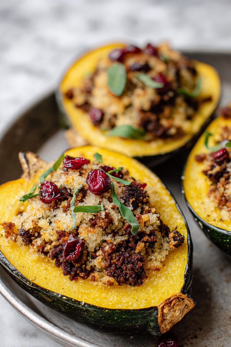 Stuffed Acorn Squash with Ground Turkey, Apples, Cranberries, Pecan Topping, autumn healthy dinner - The image shows three stuffed squash halves placed on a metal tray over a white marbled surface. Each squash is an outer green shell with a bright yellow interior base layer. On top of this, there is a thick layer of crumbly, toasted breadcrumbs mixed with small browned pieces of filling, which is dark brown and looks textured. Scattered throughout the filling are small, wrinkled red berries and garnished with fresh green herb leaves. The dish has a rough, toasted texture and a warm, inviting color palette of yellow, brown, red, and green. photo taken with an iphone --ar 2:3 --v 7