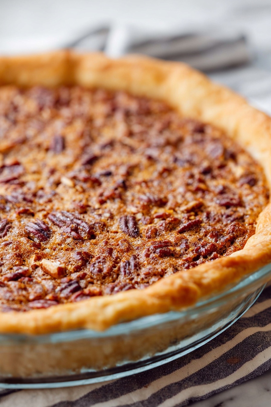 Colonial Innkeeper's Pie, chocolate layered pie, vintage dessert, homemade pie recipes, rich chocolate cake dessert - A close-up view of a pecan pie in a clear glass pie dish showing one thick layer of golden-brown filling topped with many small pieces of pecans with a slightly shiny, textured surface. The crust edge is light golden and slightly crimped, visible around the pie. The pie is placed on a white marbled texture with a striped cloth underneath. photo taken with an iphone --ar 2:3 --v 7