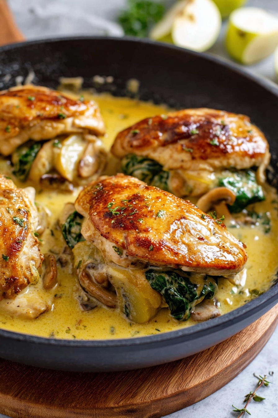 Apple and Brie Stuffed Chicken, stuffed chicken breast with apple and brie, easy stuffed chicken recipes, elegant chicken dinner ideas, quick apple chicken recipe - A white plate on a white marbled surface holds a piece of golden brown cooked chicken filled with melted pale yellow cheese and green herb leaves, sliced to show three layers: juicy white chicken meat outside, a middle layer of pale yellow cheese, and a thin layer of green herb inside. Underneath the chicken are thin slices of cooked yellow potatoes arranged in a neat pile. In the background, there is a side of light brown rice, slightly out of focus. A silver fork holds a slice of the stuffed chicken close to the camera. Photo taken with an iphone --ar 2:3 --v 7