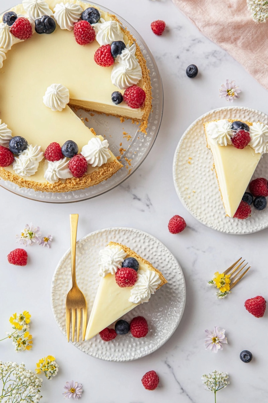 No-Bake Cheesecake with Condensed Milk, no-bake cheesecake, quick dessert recipes, easy cheesecake, creamy cheesecake - A creamy, pale yellow cheesecake with a thick, crumbly golden brown crust sits on a clear glass plate. The cheesecake has a smooth, soft texture and is topped with three swirls of white whipped cream placed along one edge. On top of the whipped cream are fresh red raspberries and dark blue blueberries, adding bright color contrast. Two slices of the cheesecake are served on white plates with a textured surface; each slice is also decorated with two dollops of whipped cream and scattered berries. One slice is accompanied by a gold fork resting on the plate. The setup is on a white marbled surface sprinkled with extra berries and small flowers around the plates. Photo taken with an iphone --ar 2:3 --v 7