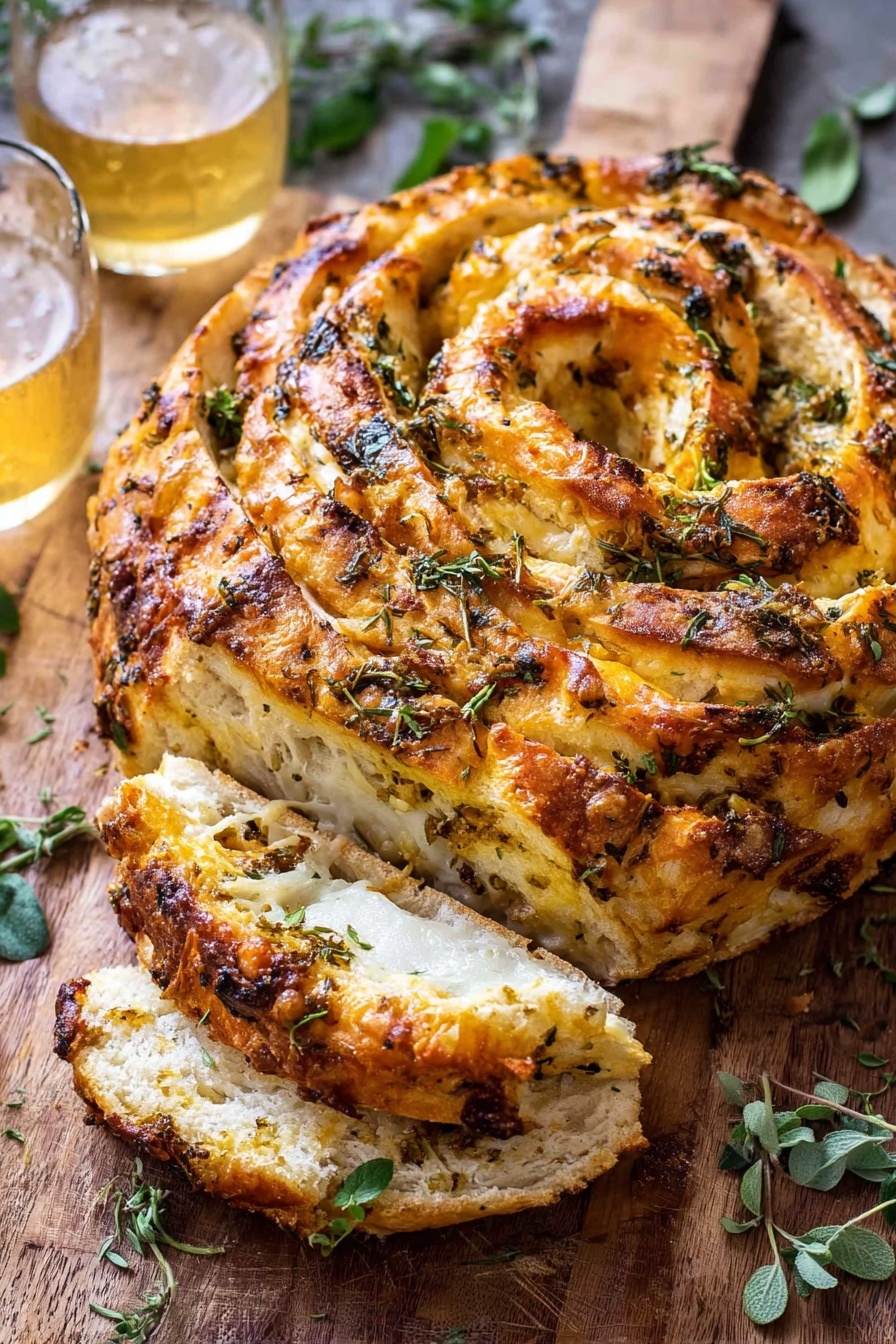 Garlic Herb Cheddar Cheese Bread, cheesy garlic bread, homemade bread with herbs, soft cheesy bread recipe, easy savory bread - A round loaf of cheese bread is sliced into thick pieces, showing a soft white inside with swirled orange cheese within the layers. The top crust is golden brown, sprinkled with herbs, melted cheese, and small green leaves. The bread rests on a wooden surface with two glasses of light beer in the background, and fresh green herbs are placed nearby. Photo taken with an iphone --ar 2:3 --v 7