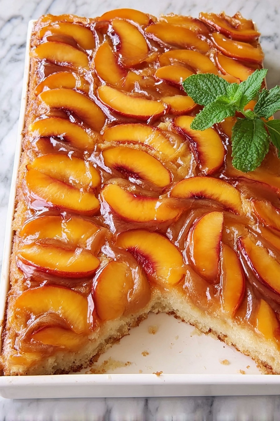 Peach Upside-Down Cake, Peach Dessert Recipe, Summer Fruit Cake, Caramelized Peach Cake, Easy Peach Cake - The image shows a peach upside-down cake cut into squares on a white plate placed on a white marbled surface. The cake has a golden-brown base that looks moist and soft with a slight crumb texture. On top of the cake lies a layer of neatly arranged peach slices that are vibrant orange and glossy, covered in a shiny caramel glaze. A black-handled spatula holds one square piece of the cake, slightly lifted from the plate, showing the thick peach topping and the textured cake underneath. The colors are warm and inviting, with the light reflecting off the glossy peach layer. photo taken with an iphone --ar 2:3 --v 7