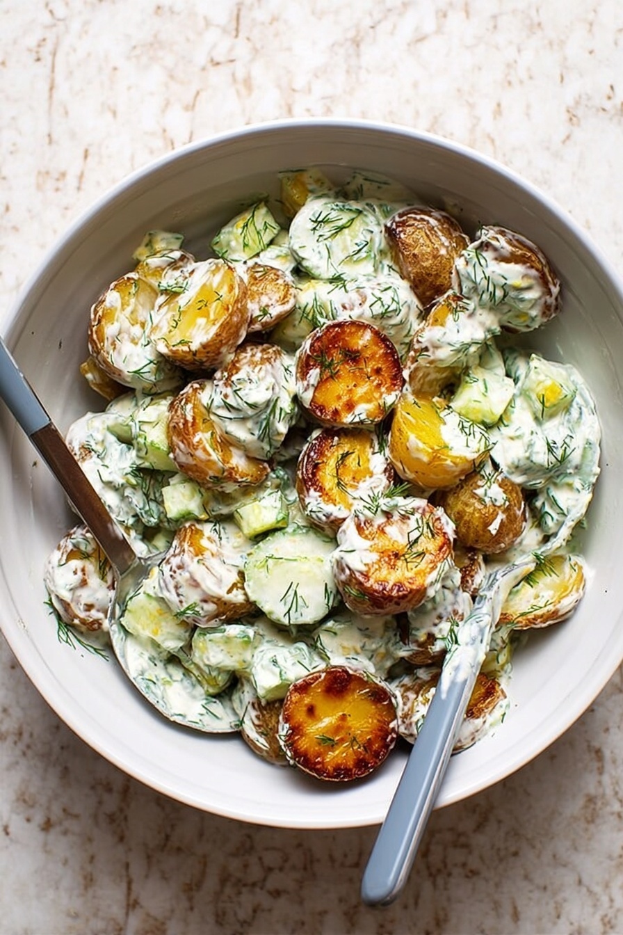 Smashed Potato Salad with Greek Yogurt Dressing, healthy potato salad, creamy Greek yogurt potato salad, easy potato salad recipe, tangy herb potato salad - The image shows a white bowl filled with crispy roasted potato slices that have a golden-brown color and slightly crunchy texture. These potatoes are mixed with a creamy, white sauce that has green herbs like dill sprinkled throughout. Small chunks of light green cucumber and some green herbs are visible mixed evenly in the sauce, giving the dish a fresh look. Two spoons with gray handles rest inside the bowl on either side, partially covered with the sauce and potato mix. The bowl is placed on a white marbled surface. photo taken with an iphone --ar 2:3 --v 7