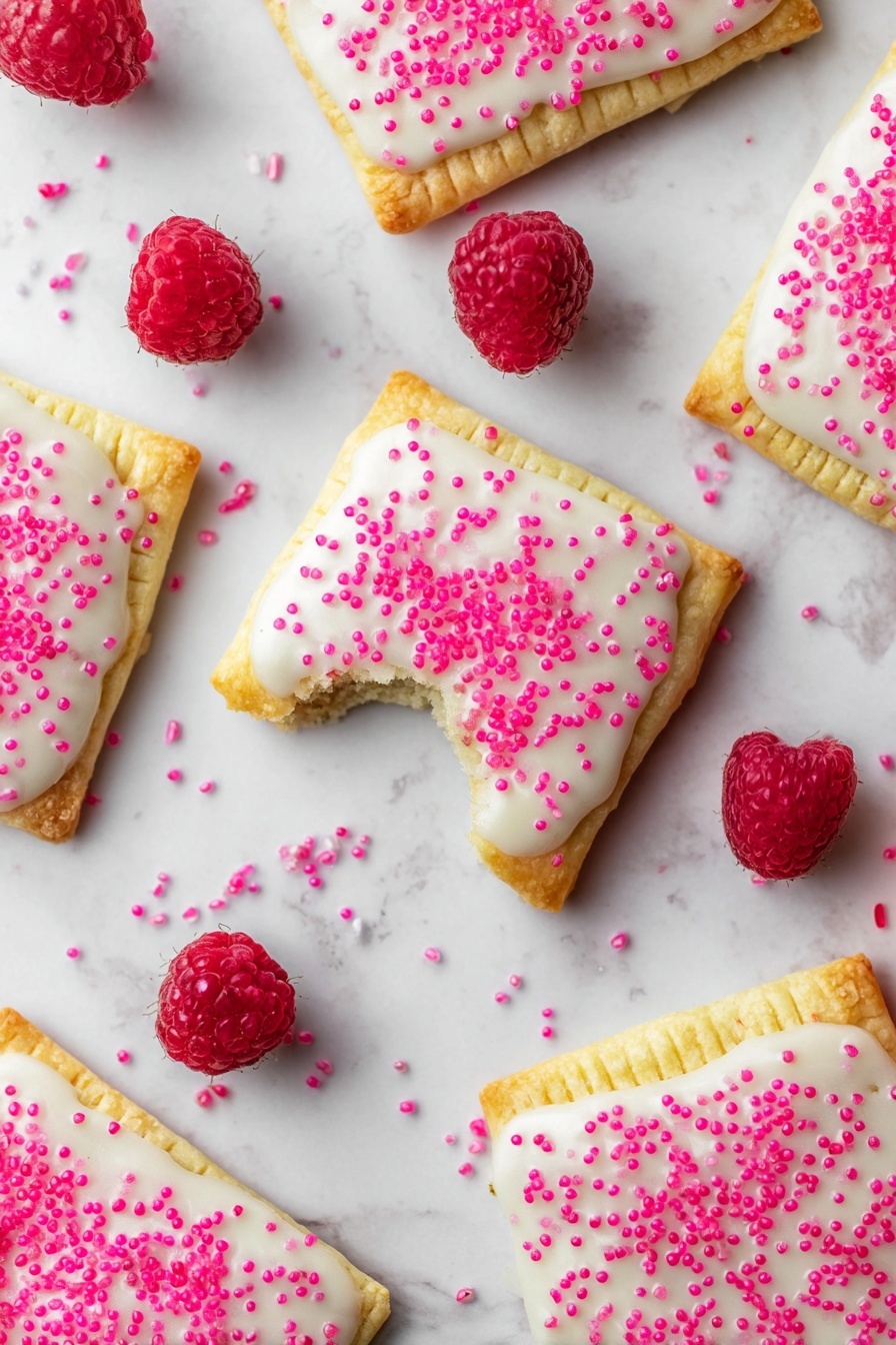 Homemade Raspberry Pop Tarts, raspberry pop tarts recipe, easy homemade pop tarts, flaky raspberry pastry, DIY raspberry breakfast treats - Multiple square pastries with a golden-baked crust are scattered on a white marbled surface, each topped with smooth white icing sprinkled generously with bright pink sugar crystals. One pastry in the center has a small bite taken out of its corner, revealing a soft filling inside. Around the pastries, several fresh red raspberries are placed as decoration. The image is bright and clean, showing the different textures on the pastries and icing clearly photo taken with an iphone --ar 2:3 --v 7